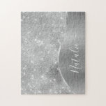 Silver Glitter Glam Bling Personalized Metallic Jigsaw Puzzle<br><div class="desc">Easily personalize this silver brushed metal and glamorous faux glitter patterned jigsaw puzzle with your own custom name.</div>