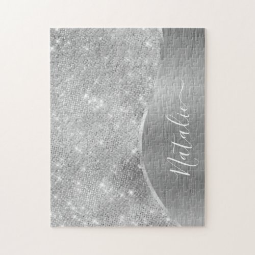 Silver Glitter Glam Bling Personalized Metallic Jigsaw Puzzle