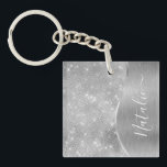 Silver Glitter Glam Bling Personalized Metallic Keychain<br><div class="desc">Easily personalize this silver brushed metal and glamorous faux glitter patterned key chain with your own custom name.</div>