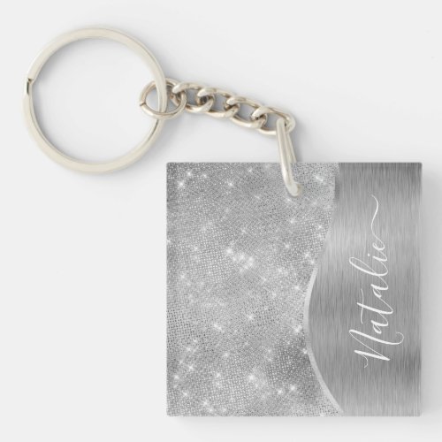 Silver Glitter Glam Bling Personalized Metallic Keychain