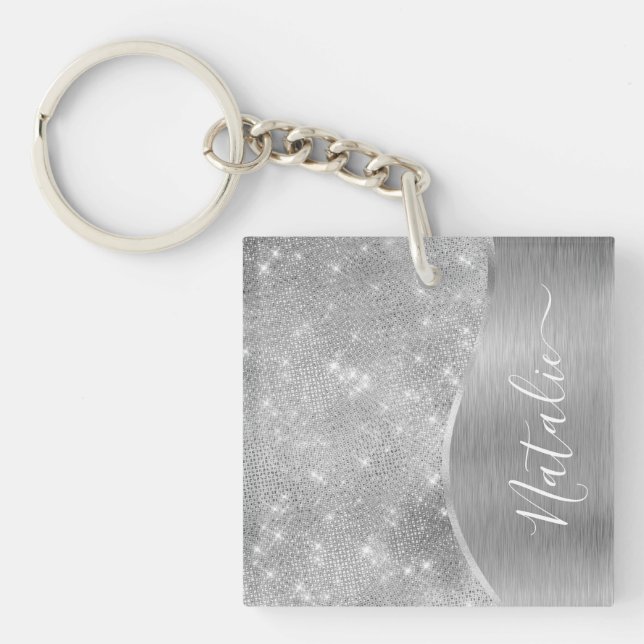 Silver Glitter Glam Bling Personalized Metallic Keychain (Front)