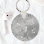 Silver Glitter Glam Bling Personalized Metallic Keychain<br><div class="desc">Easily personalize this silver brushed metal and glamorous faux glitter patterned keychain with your own custom name.</div>
