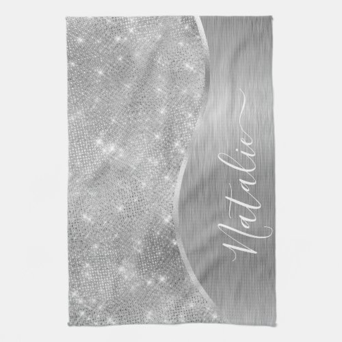 Silver Glitter Glam Bling Personalized Metallic Kitchen Towel