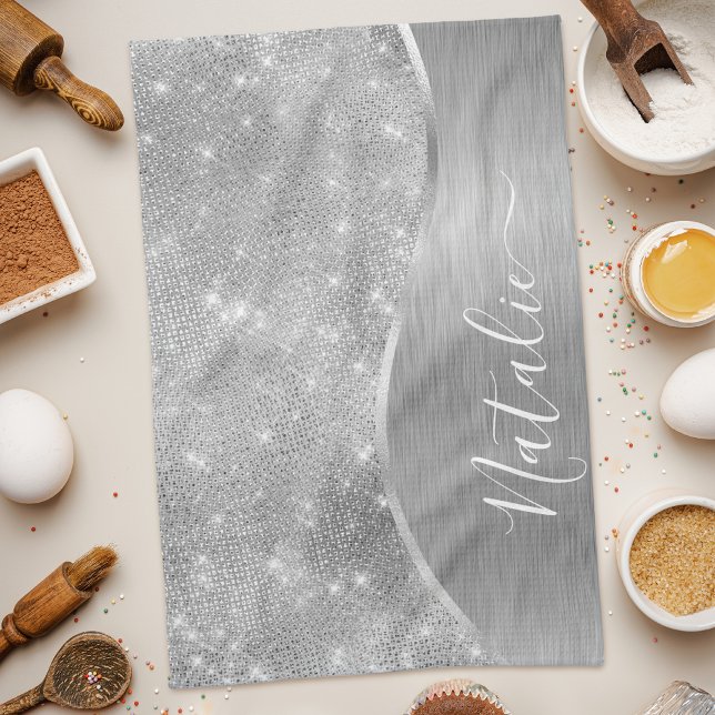 Silver Glitter Glam Bling Personalized Metallic Kitchen Towel (Creator Uploaded)