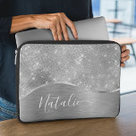 Silver Glitter Glam Bling Personalized Metallic Laptop Sleeve<br><div class="desc">Easily personalize this silver brushed metal and glamorous faux glitter patterned laptop sleeve with your own custom name.</div>