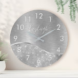 Silver Glitter Glam Bling Personalized Metallic Large Clock<br><div class="desc">Easily personalize this silver brushed metal and glamorous faux glitter patterned wall clock with your own custom name.</div>