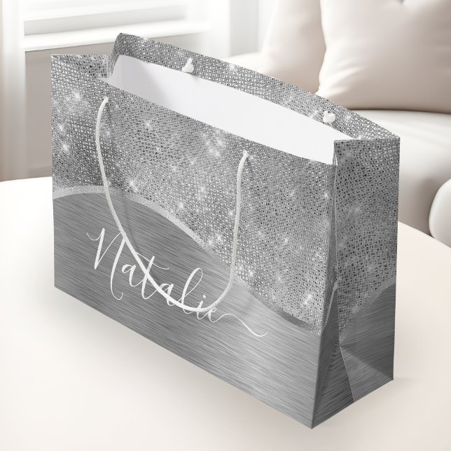 Silver Glitter Glam Bling Personalized Metallic Large Gift Bag (Creator Uploaded)