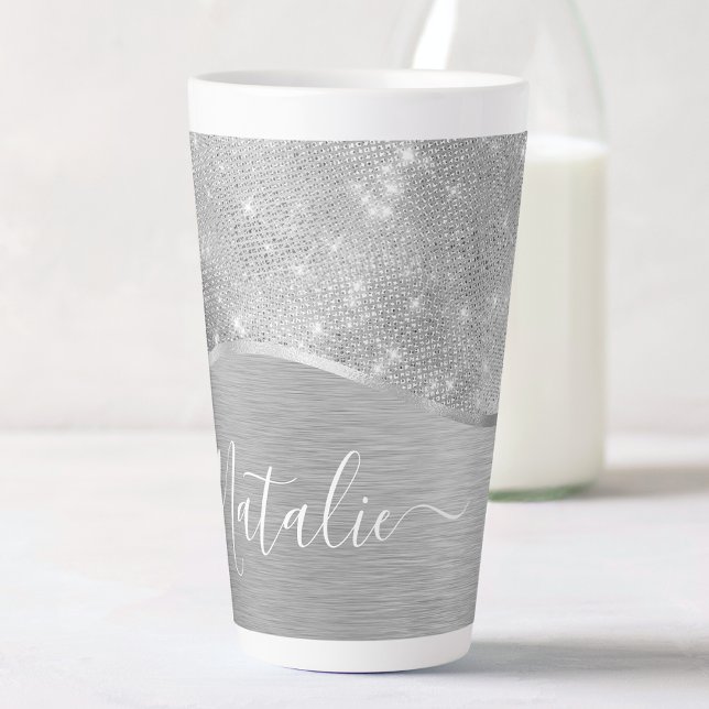 Silver Glitter Glam Bling Personalized Metallic Latte Mug (Creator Uploaded)