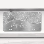 Silver Glitter Glam Bling Personalized Metallic License Plate<br><div class="desc">Easily personalize this silver brushed metal and glamorous faux glitter patterned license plate with your own custom name.</div>