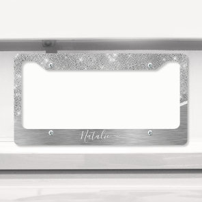 Silver Glitter Glam Bling Personalized Metallic License Plate Frame