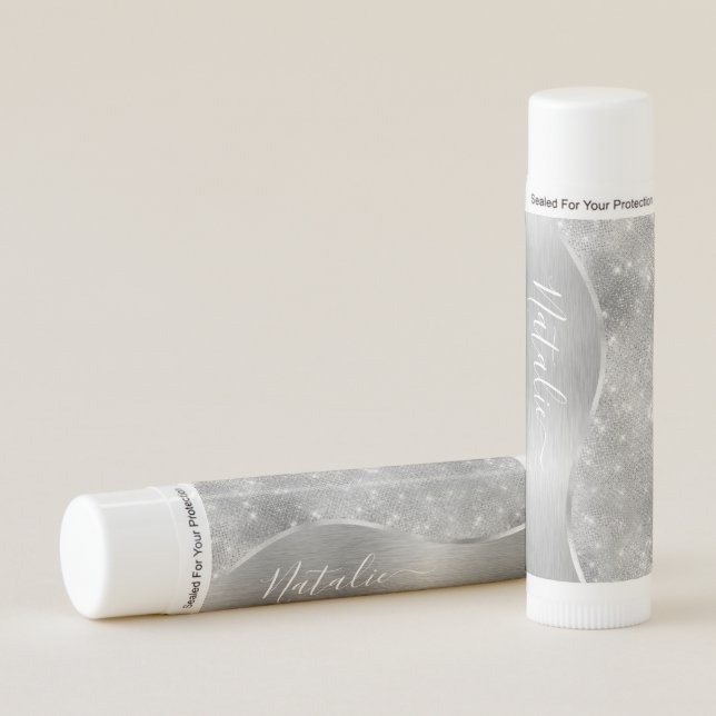 Silver Glitter Glam Bling Personalized Metallic Lip Balm (Front)