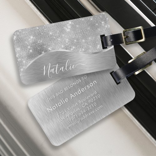 Silver Glitter Glam Bling Personalized Metallic Luggage Tag