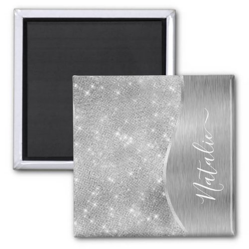 Silver Glitter Glam Bling Personalized Metallic Magnet
