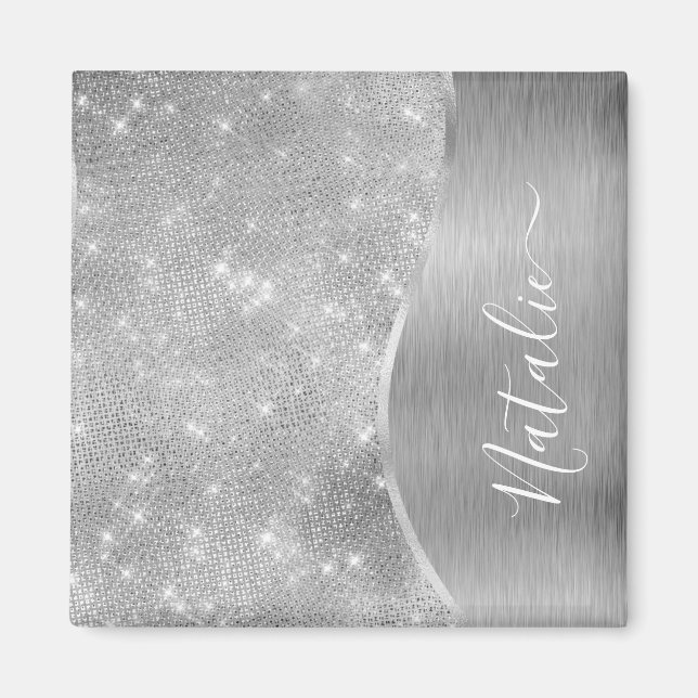 Silver Glitter Glam Bling Personalized Metallic Magnet (Front)