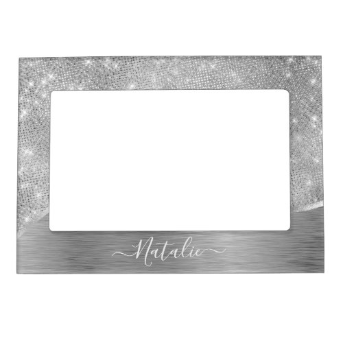 Silver Glitter Glam Bling Personalized Metallic Magnetic Frame