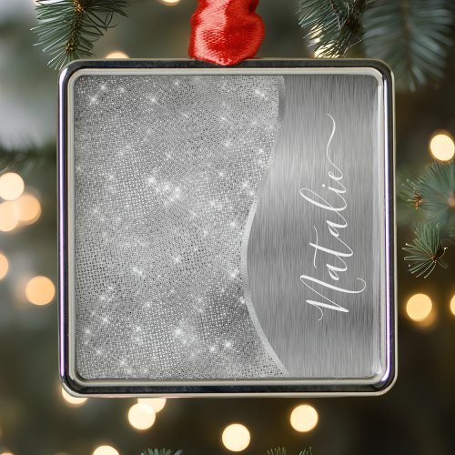 Silver Glitter Glam Bling Personalized Metallic Metal Ornament