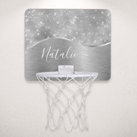 Silver Glitter Glam Bling Personalized Metallic Mini Basketball Hoop