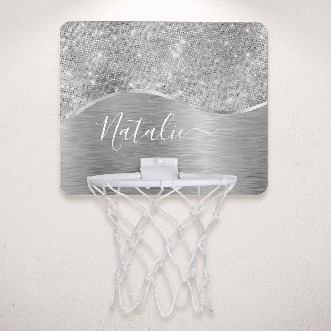 Silver Glitter Glam Bling Personalized Metallic Mini Basketball Hoop (Creator Uploaded)
