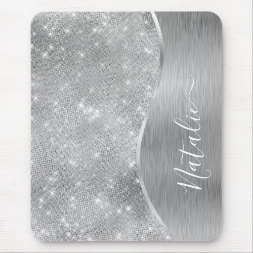 Silver Glitter Glam Bling Personalized Metallic Mouse Pad