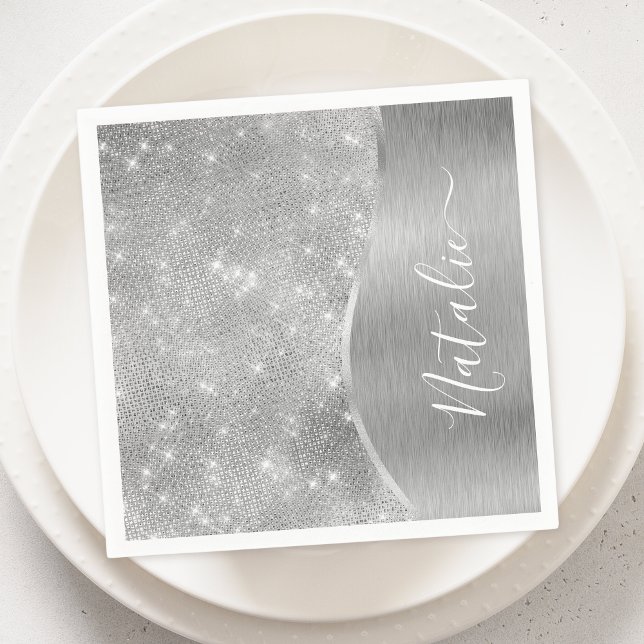 Silver Glitter Glam Bling Personalized Metallic Napkins (Creator Uploaded)