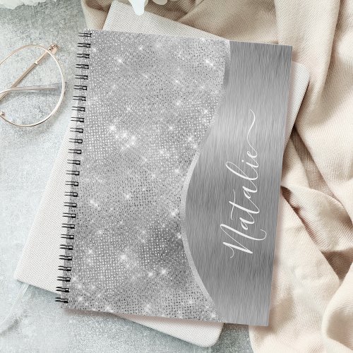 Silver Glitter Glam Bling Personalized Metallic Notebook