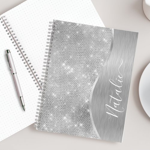 Silver Glitter Glam Bling Personalized Metallic Notebook