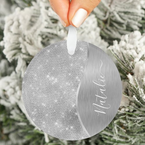 Silver Glitter Glam Bling Personalized Metallic Ornament