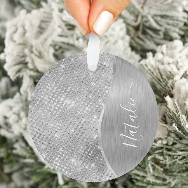 Silver Glitter Glam Bling Personalized Metallic Ornament (Creator Uploaded)
