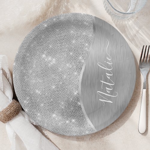 Silver Glitter Glam Bling Personalized Metallic Paper Plates