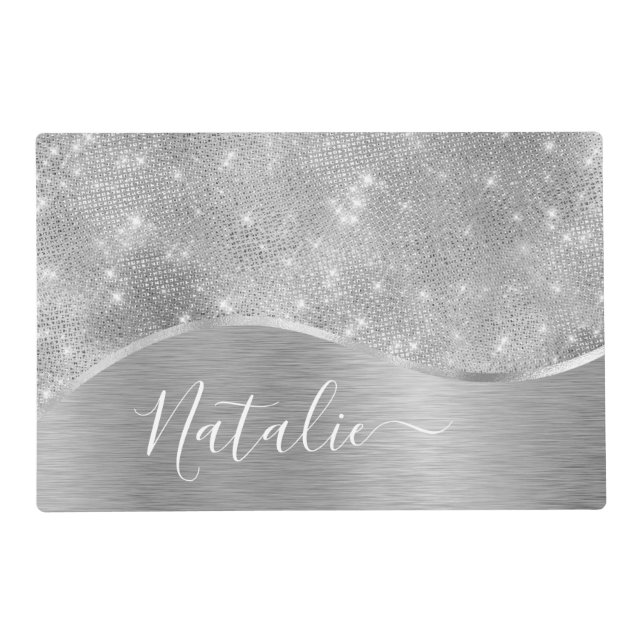 Silver Glitter Glam Bling Personalized Metallic Placemat (Front)