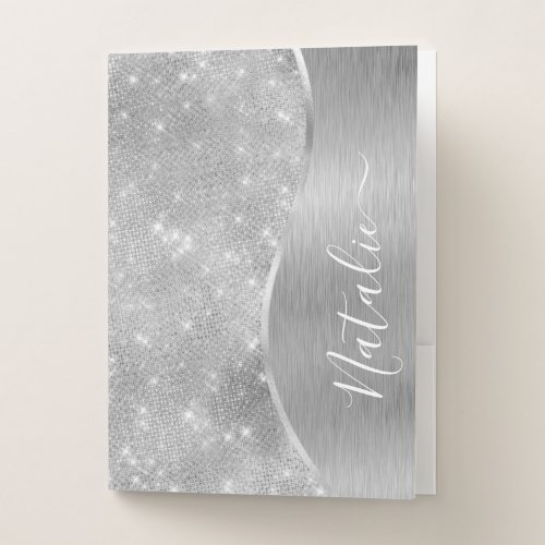 Silver Glitter Glam Bling Personalized Metallic Pocket Folder