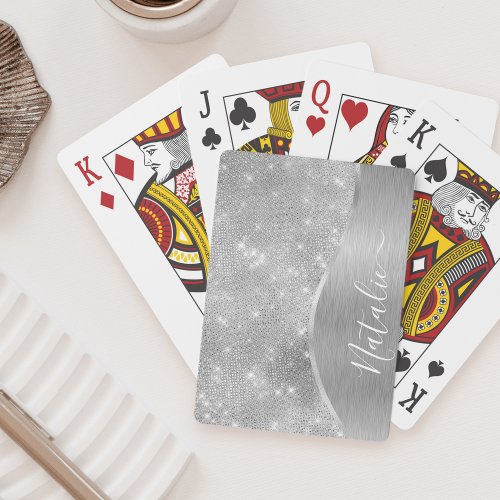 Silver Glitter Glam Bling Personalized Metallic Poker Cards