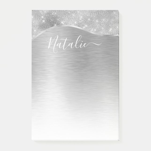 Silver Glitter Glam Bling Personalized Metallic Post-it Notes (Front)