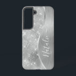 Silver Glitter Glam Bling Personalized Metallic Samsung Galaxy S22 Case<br><div class="desc">Easily personalize this silver brushed metal and glamorous faux glitter patterned phone case with your own custom name.</div>