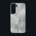 Silver Glitter Glam Bling Personalized Metallic Samsung Galaxy S22 Case<br><div class="desc">Easily personalize this silver brushed metal and glamorous faux glitter patterned phone case with your own custom name.</div>