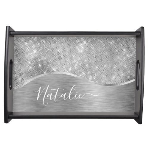 Silver Glitter Glam Bling Personalized Metallic Serving Tray