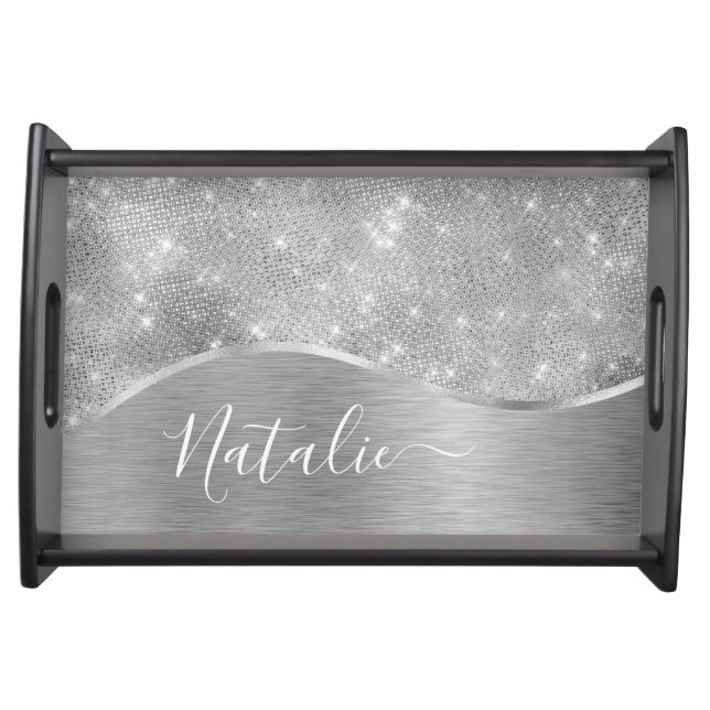 Silver Glitter Glam Bling Personalized Metallic Serving Tray (Front)