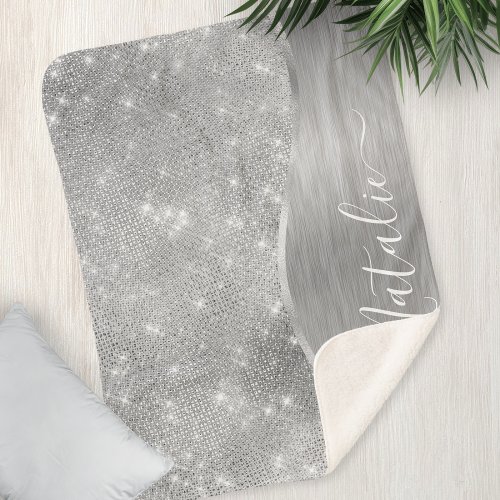 Silver Glitter Glam Bling Personalized Metallic Sherpa Blanket