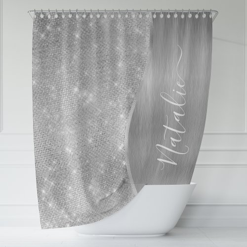 Silver Glitter Glam Bling Personalized Metallic Shower Curtain