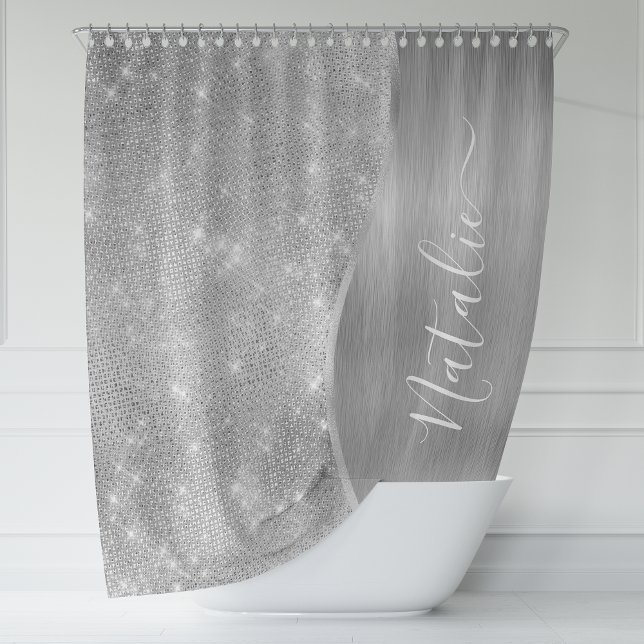 Silver Glitter Glam Bling Personalized Metallic Shower Curtain (Creator Uploaded)