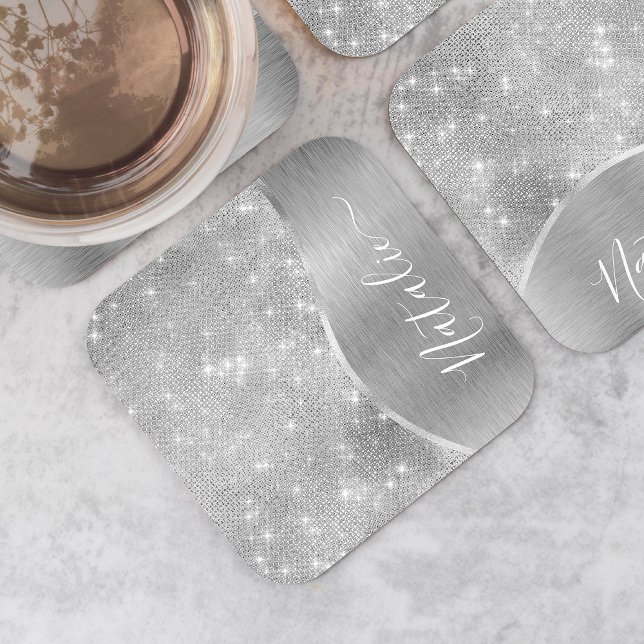 Silver Glitter Glam Bling Personalized Metallic Square Paper Coaster (Creator Uploaded)