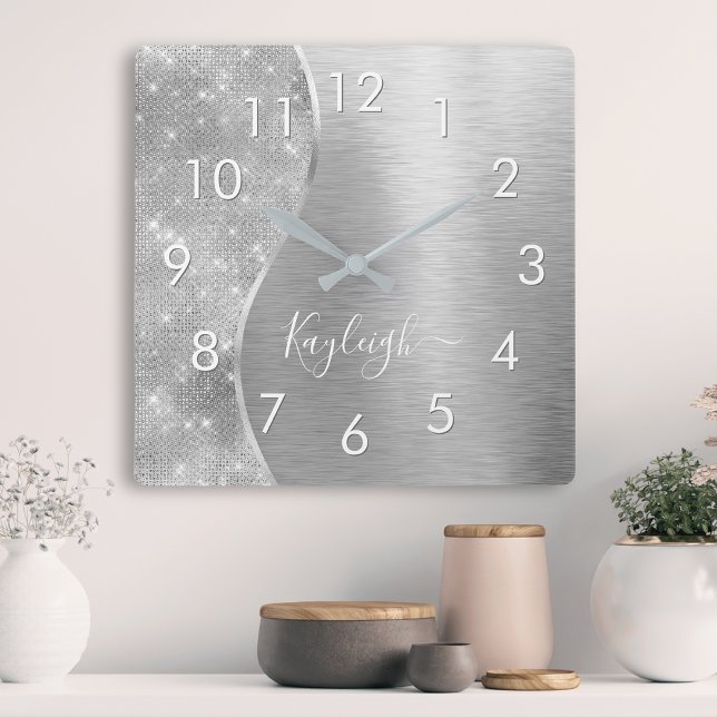 Silver Glitter Glam Bling Personalized Metallic Square Wall Clock (Creator Uploaded)