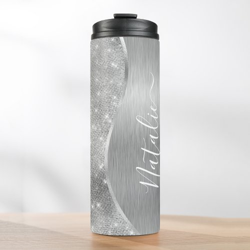 Silver Glitter Glam Bling Personalized Metallic Thermal Tumbler