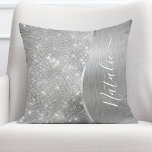Silver Glitter Glam Bling Personalized Metallic Throw Pillow<br><div class="desc">Easily personalize this silver brushed metal and glamorous faux glitter patterned throw pillow with your own custom name.</div>