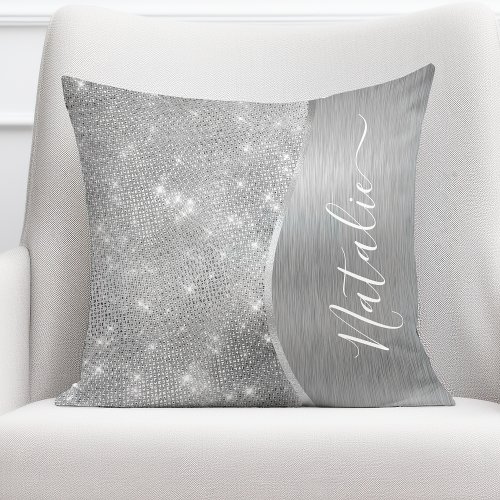 Silver Glitter Glam Bling Personalized Metallic Throw Pillow