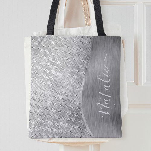 Silver Glitter Glam Bling Personalized Metallic Tote Bag