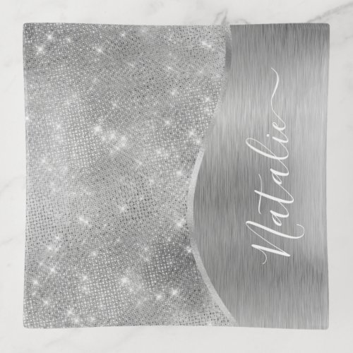 Silver Glitter Glam Bling Personalized Metallic Trinket Tray
