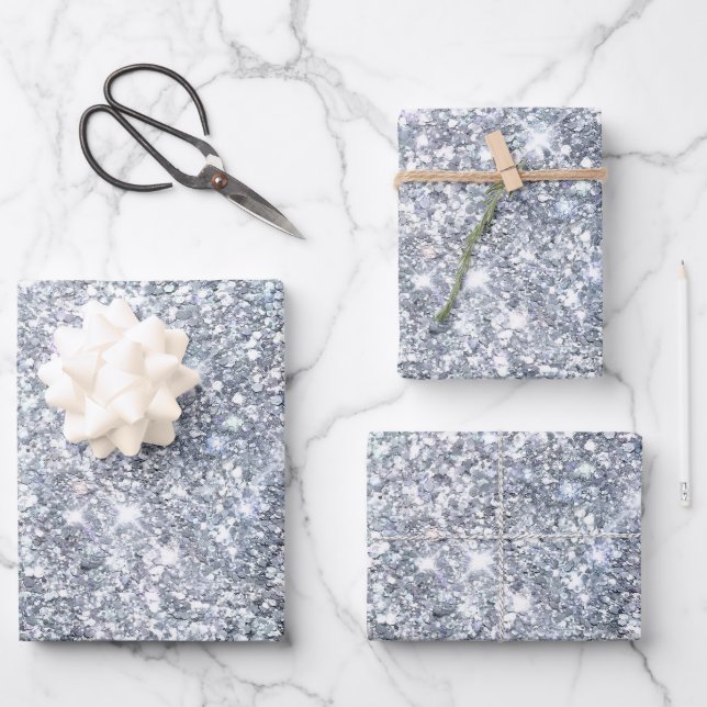 Silver Glitter Glam Bling Trendy Stylish Gift Her Wrapping Paper Sheets (Front)