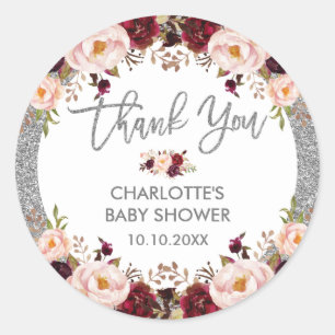 Silver Glitter Glam Burgundy Blush Floral Shower Classic Round Sticker