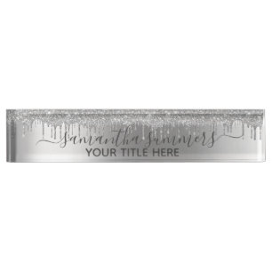 Silver Glitter Glam Drips Handwritten Calligraphy Desk Name Plate
